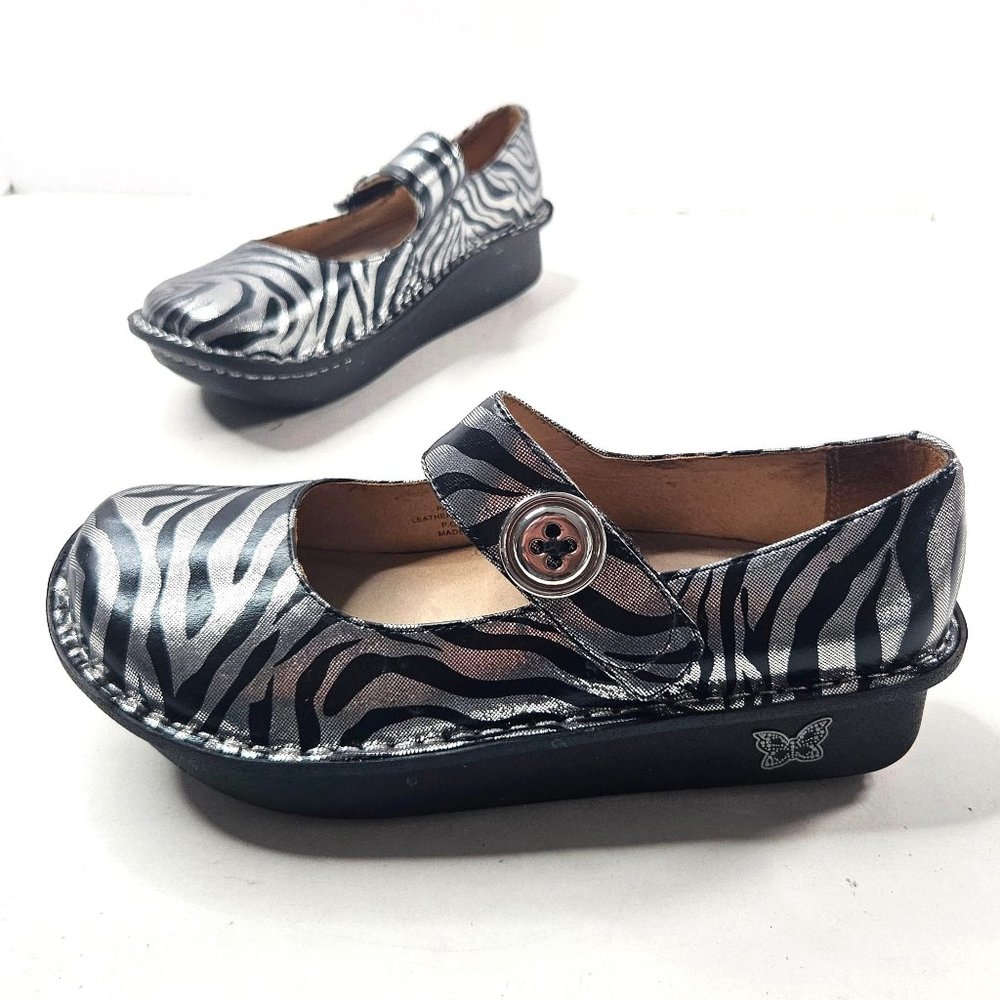 Alegria Maryjane Platform Shoes Sz 7 Silver Black Zebra Print Comfort Clog Shoes